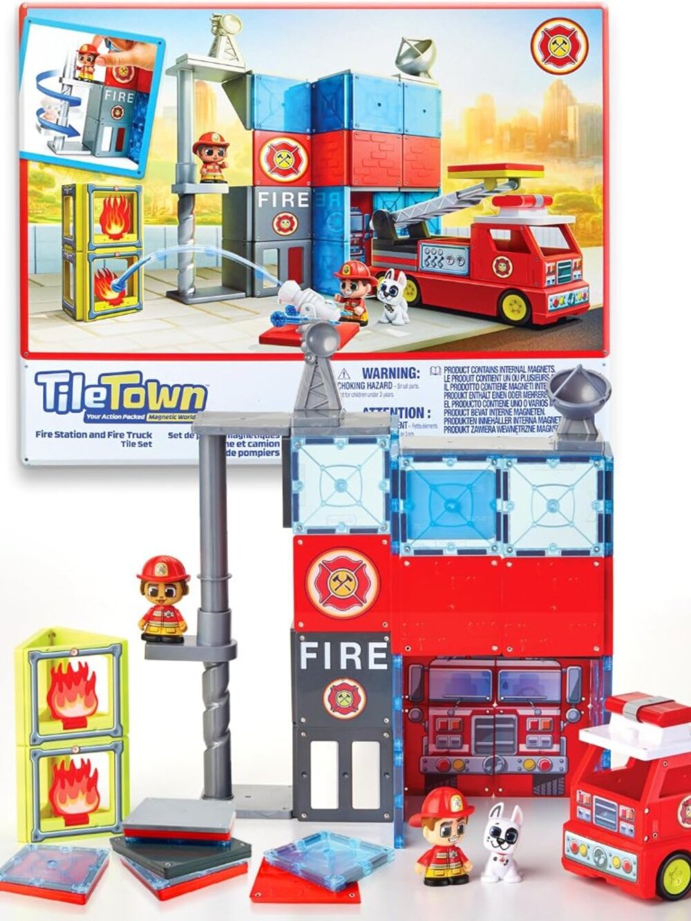Tile Town Fire Station Magnetic Tiles Set, 66 Piece Kids Magnet Toy